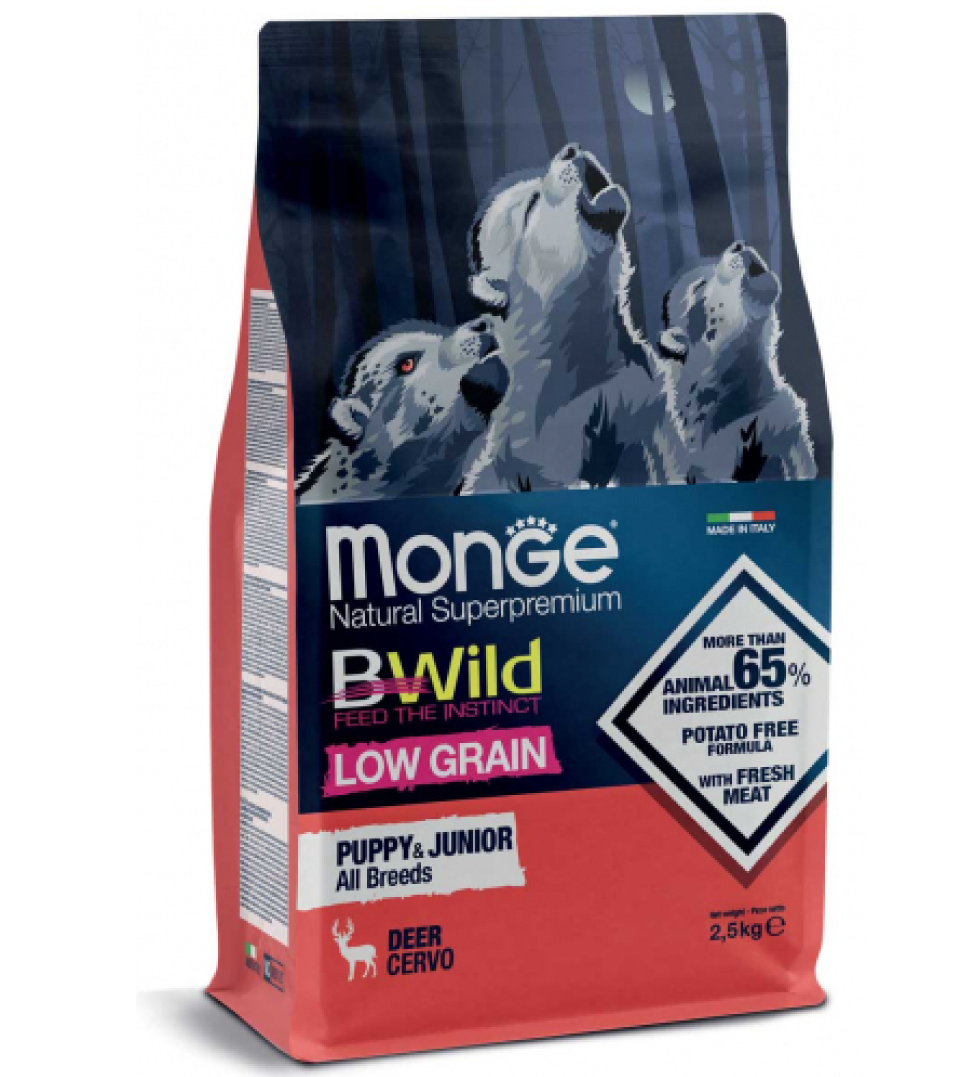 Monge - BWild Dog - Low Grain - All Breeds - Puppy&Junior - Cervo - 2.5 kg