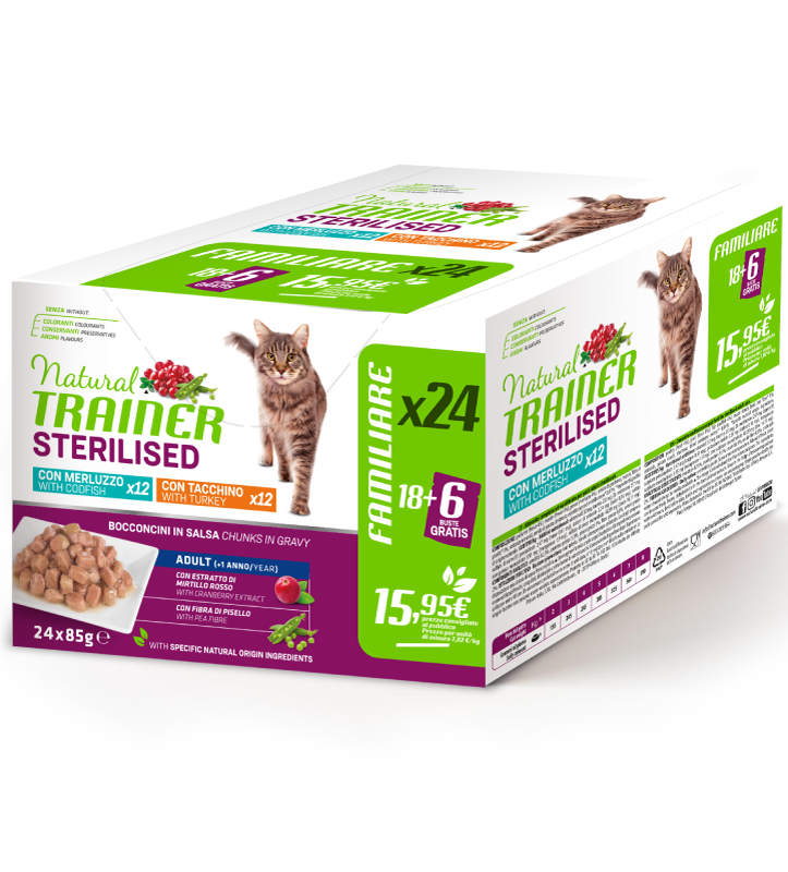 Trainer Natural - Sterilizzato - Multipack - Tacchino/Merluzzo - 24 buste da 85gr