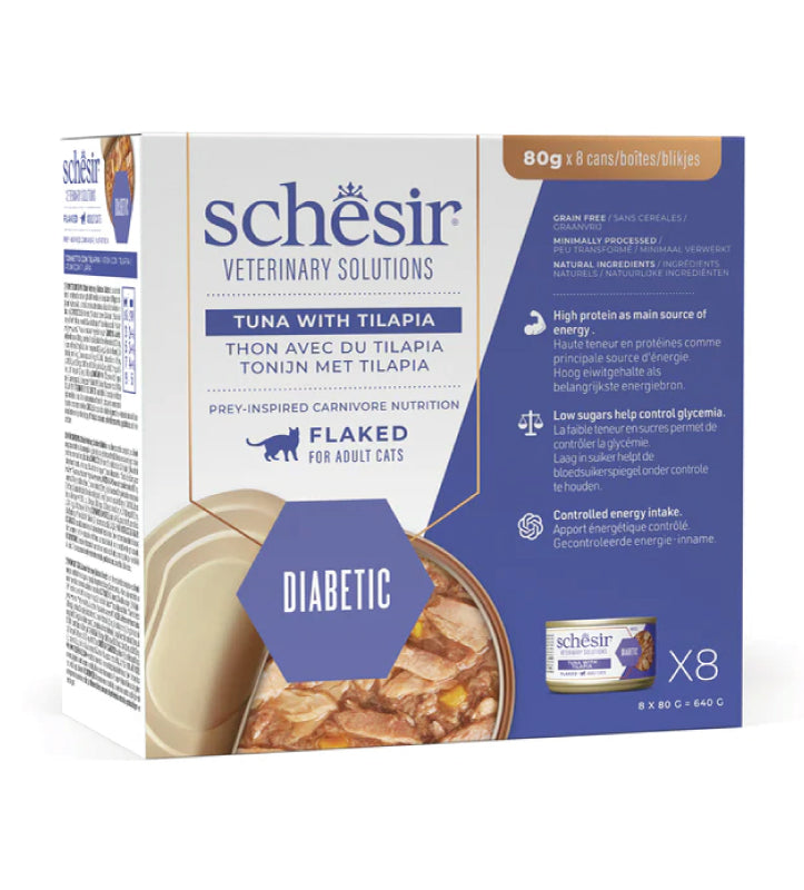 Schesir - Veterinary Solution Feline - Fiocchi - Diabetic - 8 lattine da 80gr
