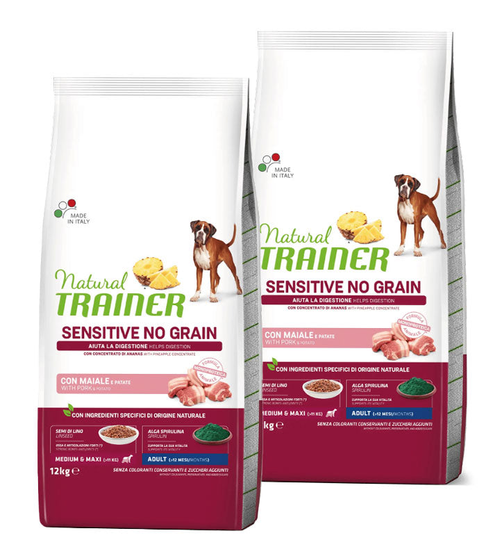 KIT 2 X - Trainer Natural Sensitive - No Grain - Medium/Maxi - Adult - Maiale - 12 kg