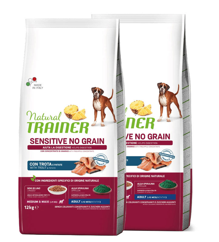 KIT 2 X Trainer Natural Sensitive - No Grain - Medium/Maxi - Adult - Trota - 12 kg