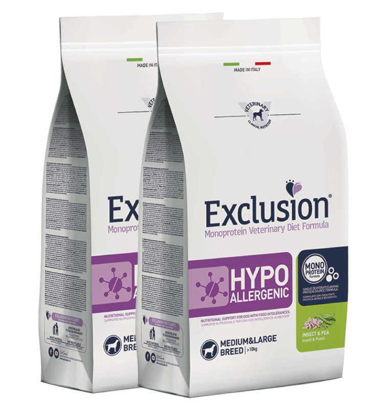 KIT 2X Exclusion - Veterinary Diet Canine - Hypoallergenic - Medium/Large - Insetti e Piselli - 12kg
