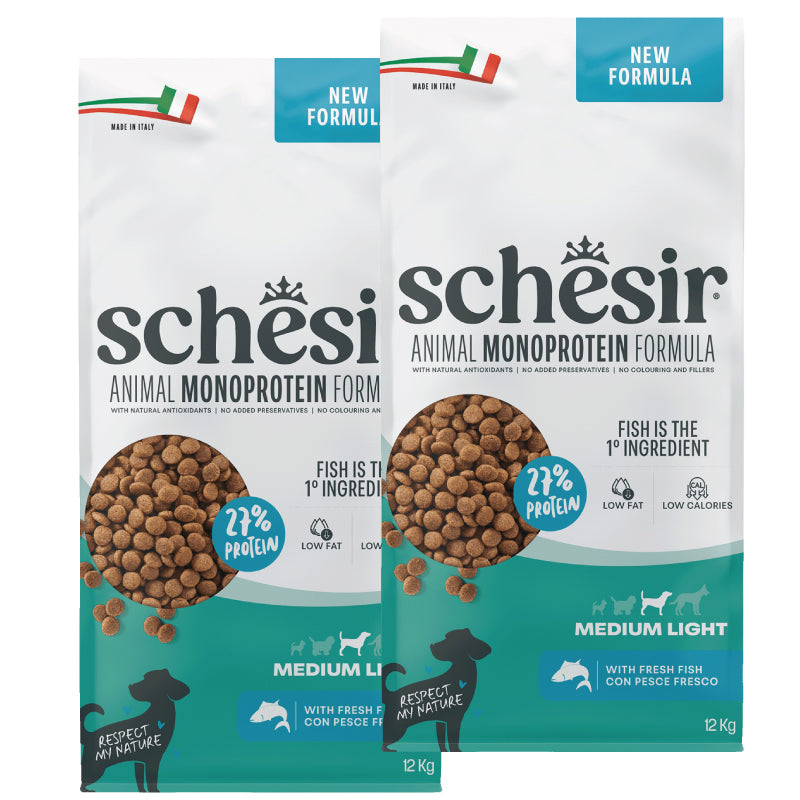 KIT 2X Schesir Dog - Monoprotein - Medium - Light - Pesce - 12kg - DOPPIO SACCO