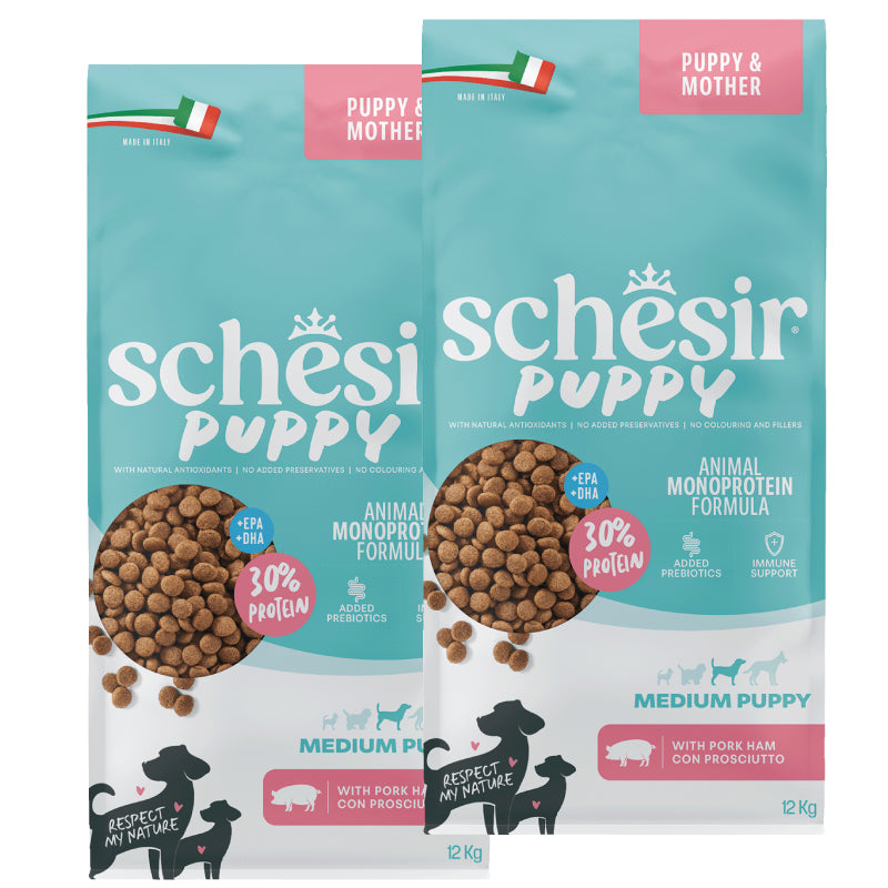 KIT 2X Schesir Dog - Monoprotein - Medium - Puppy - Prosciutto - 12kg - DOPPIO SACCO