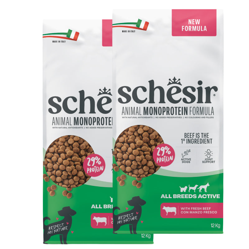 KIT 2X Schesir Dog - Monoprotein - All Breeds - Active - Manzo - 12kg - DOPPIO SACCO